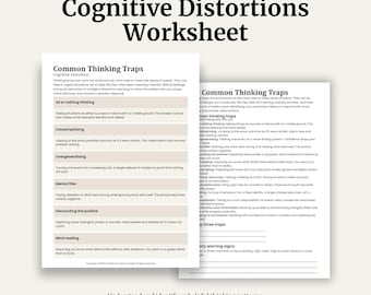 May include: A worksheet titled "Cognitive Distortions" with the text "Common Thinking Traps." The worksheet lists cognitive distortions and includes the phrases "CBT Worksheet, Printable PDF, Instant Download."