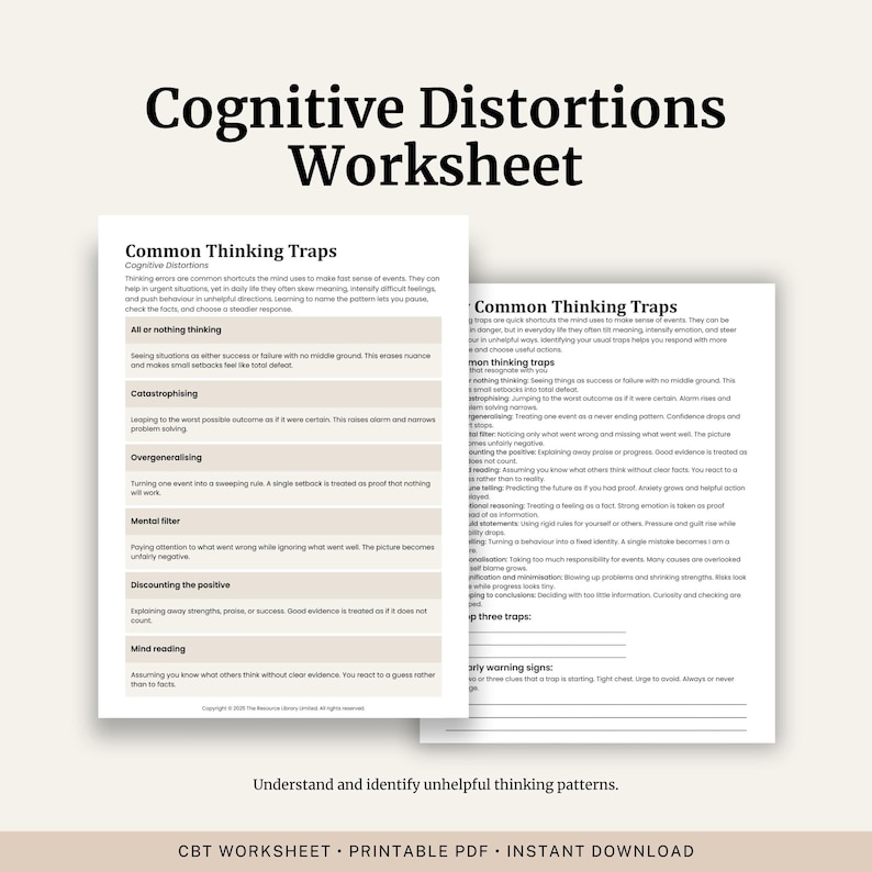 Thinking Trap Examples Cognitive Distortions Worksheet | Thinking Traps CBT | Mental Health ...