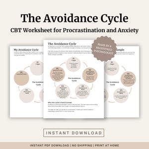 Può includere: Un foglio di lavoro CBT intitolato "Il Ciclo di Evitamento" per la procrastinazione e l'ansia. Il design presenta un diagramma circolare che illustra il ciclo, con testo ed etichette. Le parole "Download istantaneo" sono in basso.