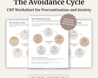 May include: A CBT worksheet titled "The Avoidance Cycle" for procrastination and anxiety. The design features a circular diagram illustrating the cycle, with text and labels. The words "Instant Download" are at the bottom.