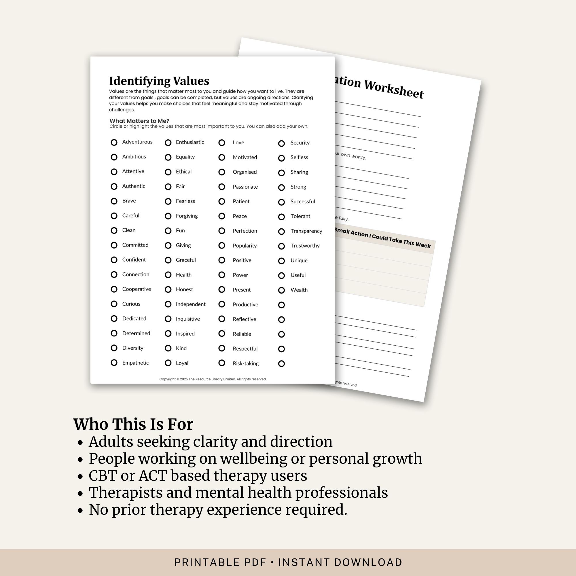 Values Clarification Worksheet | CBT ACT Self Help (PDF Download) - Etsy