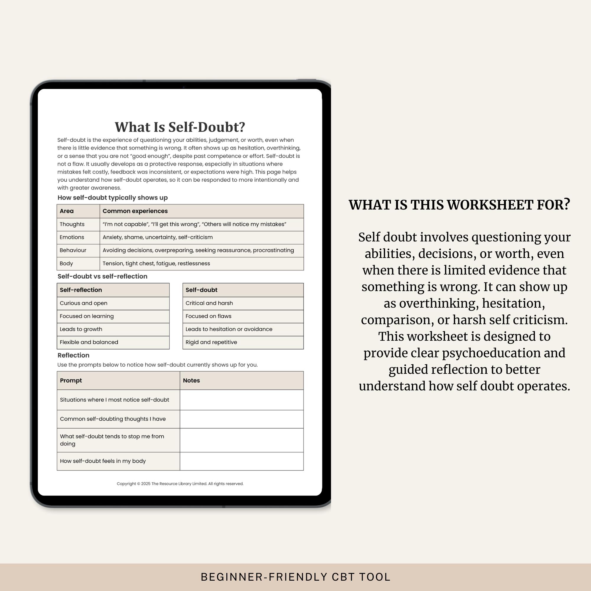 Self Doubt Worksheet.pdf Self-doubt CBT Worksheet | Psychoeducation & Reflection (printable PDF ...