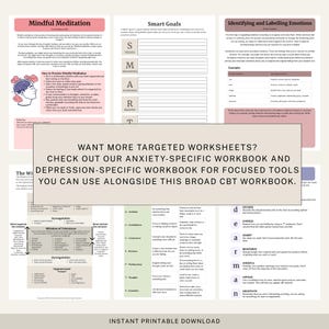 Peut inclure: Un cahier d'exercices de TCC imprimable avec des feuilles de travail sur la m&eacute;ditation de pleine conscience, les objectifs intelligents et l'identification des &eacute;motions. Pages blanches avec des accents roses et bleus, texte et sch&eacute;mas. Texte "T&eacute;l&eacute;chargement instantan&eacute;".