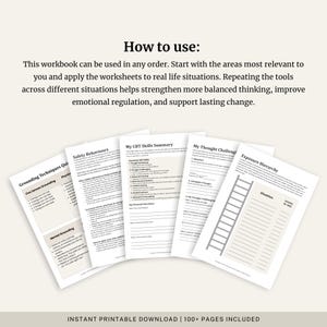 Peut inclure: Ensemble de feuilles de travail imprimables pour la sant&eacute; mentale, traitant des techniques d'ancrage, des comportements de s&eacute;curit&eacute; et des comp&eacute;tences TCC. Les feuilles de travail visent &agrave; am&eacute;liorer la r&eacute;gulation &eacute;motionnelle et la pens&eacute;e &eacute;quilibr&eacute;e. Texte : "T&eacute;l&eacute;chargement imprimable instantan&eacute; | 100+ pages incluses".