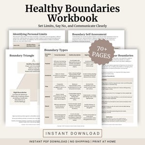 Puede incluir: Un cuaderno de trabajo titulado "Healthy Boundaries" con el subtítulo "Establecer límites, decir no y comunicarse claramente". Las páginas incluyen secciones sobre la identificación de límites personales, la autoevaluación de límites y los tipos de límites. El cuaderno tiene más de 70 páginas.
