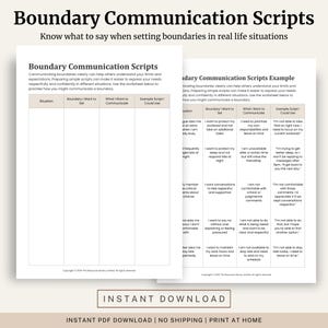 Op de afbeelding: Een afdrukbaar werkblad van twee pagina's met de titel "Boundary Communication Scripts". Het document biedt voorbeelden en aanwijzingen om individuen te helpen grenzen effectief te communiceren. De tekst bevat onderaan "Direct downloaden".