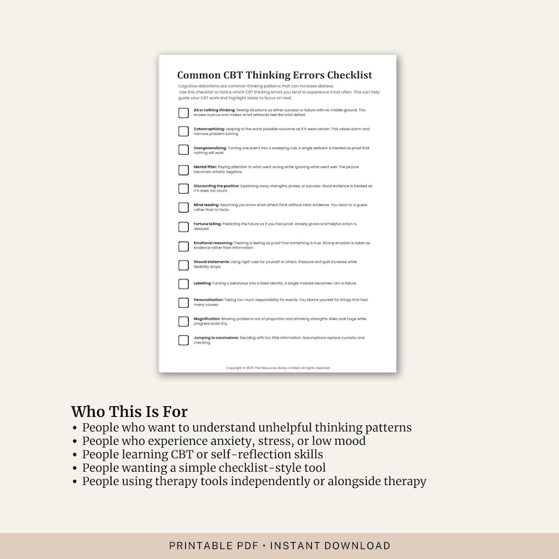 Common CBT Thinking Errors Checklist | Cognitive Distortions List ...