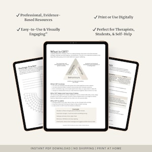 Peut inclure: Trois tablettes num&eacute;riques affichant des ressources de TCC (th&eacute;rapie cognitivo-comportementale). La tablette centrale montre un sch&eacute;ma des pens&eacute;es, des sentiments et des comportements. Les autres tablettes affichent un suivi des sentiments et des informations sur la th&eacute;rapie.