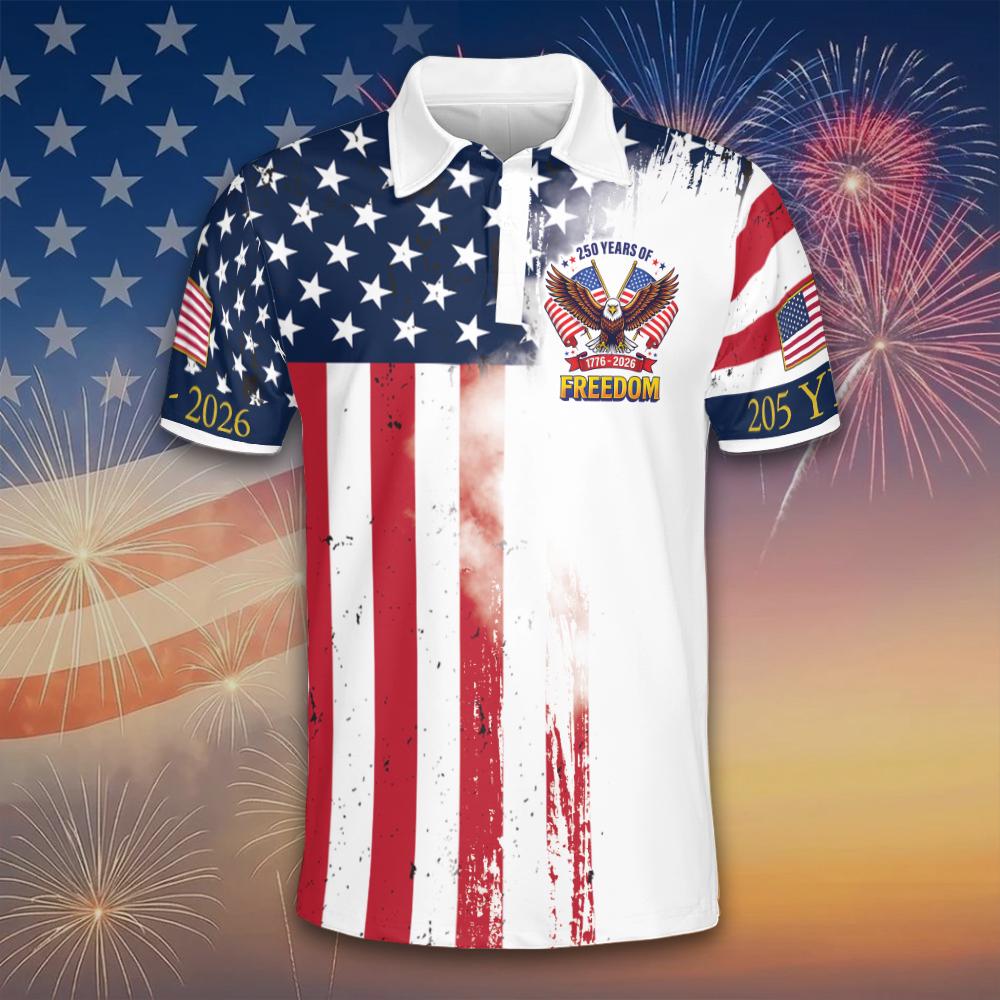 Discover Men Patriotic 250th Anniversary Polo Shirt, Eagle US Flag Golf Shirt, Custom Name Golf Shirt