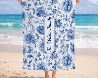 Personalized Name Beach Blanket, Blue Toile Flowers Picnic Blanket Sandproof, Camping Gift, Waterproof Summer Beach Picnic Mat Family Travel