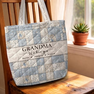 Bolso de mano acolchado azul con estampado floral personalizado, bolso para abuela, regalo para el Día de la Madre, regalos para abuelas primerizas, bolso para mamá, recuerdo de Nana Gigi