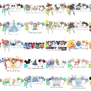 May include: A collection of colorful character-themed headbands, including Mickey Mouse ears, Disney characters, and holiday-themed designs. Each headband features a unique design with bows and character details. Text includes phrases like "Ohana means family."