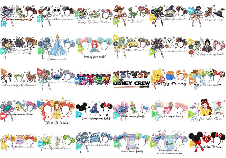May include: A collection of colorful character-themed headbands, including Mickey Mouse ears, Disney characters, and holiday-themed designs. Each headband features a unique design with bows and character details. Text includes phrases like "Ohana means family."