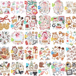 May include: A collection of colorful stickers featuring various Disney characters, holiday themes, and decorative elements. Includes images of snow globes, Mickey Mouse, Cars, and princesses. The stickers are arranged in circular and rectangular designs.