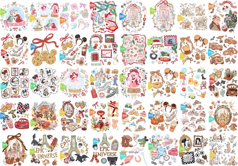 May include: A collection of colorful stickers featuring various Disney characters, holiday themes, and decorative elements. Includes images of snow globes, Mickey Mouse, Cars, and princesses. The stickers are arranged in circular and rectangular designs.