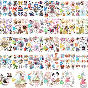 May include: A collection of colorful Disney-themed stickers featuring various characters, including Mickey Mouse, Minnie Mouse, and princesses. The stickers are arranged in rows and columns, with decorative elements like bows and hearts.