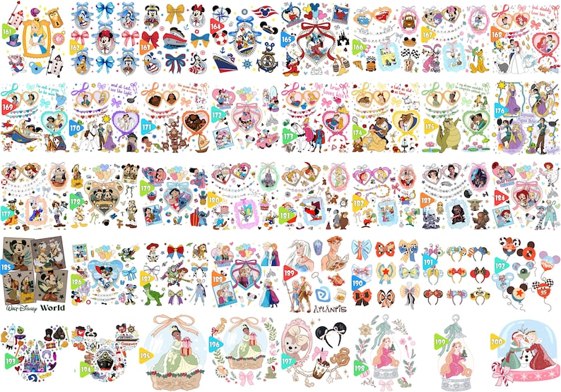 May include: A collection of colorful Disney-themed stickers featuring various characters, including Mickey Mouse, Minnie Mouse, and princesses. The stickers are arranged in rows and columns, with decorative elements like bows and hearts.