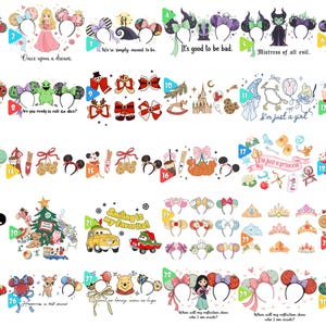 May include: A collection of various character-themed ear headbands, including designs with Minnie Mouse ears, bows, and character illustrations. Some headbands feature text like "Once upon a dream" and "Colors of the wind."