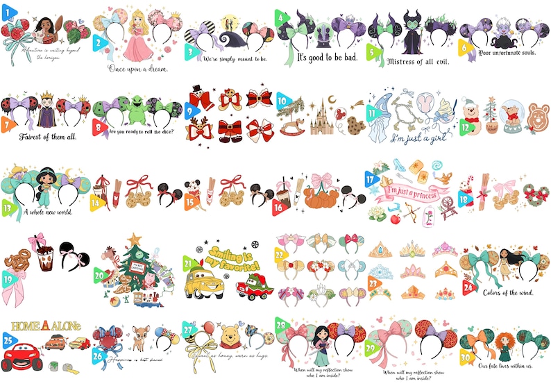 May include: A collection of various character-themed ear headbands, including designs with Minnie Mouse ears, bows, and character illustrations. Some headbands feature text like "Once upon a dream" and "Colors of the wind."