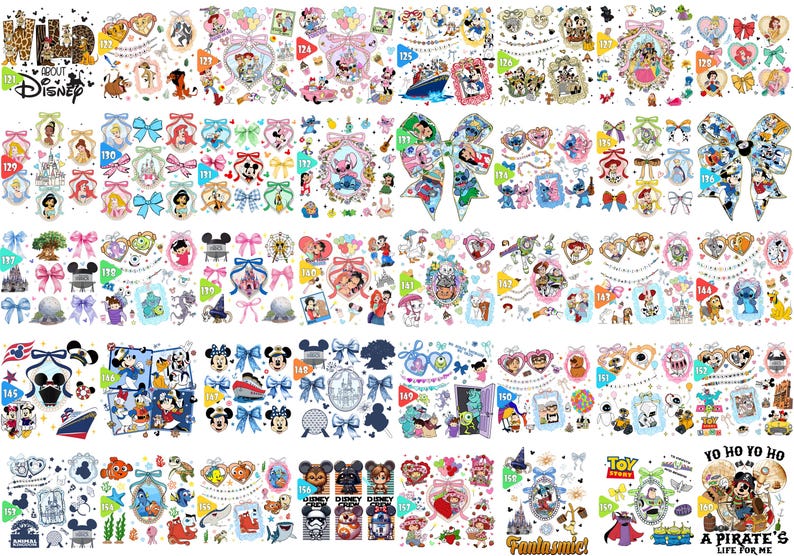 May include: A collection of Disney-themed stickers and embellishments. The designs include various characters, bows, frames, and text, with a color palette of pink, blue, and white. The text includes "Wild About Disney" and "Fantasmic!"