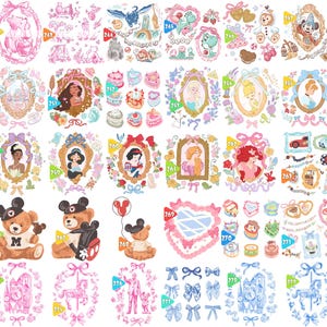 May include: A collection of whimsical, watercolor-style illustrations featuring various characters and elements. The designs include framed portraits of princesses, teddy bears, bows, and other decorative elements in shades of pink, blue, and gold.