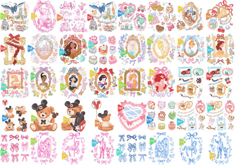 May include: A collection of whimsical, watercolor-style illustrations featuring various characters and elements. The designs include framed portraits of princesses, teddy bears, bows, and other decorative elements in shades of pink, blue, and gold.