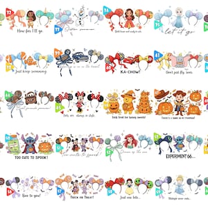 May include: A collection of themed headbands with mouse ears, featuring various characters and phrases. Designs include Disney characters like Elsa, Minnie Mouse, and Stitch, along with phrases like "KA-CHOW!" and "Too cute to spook!"
