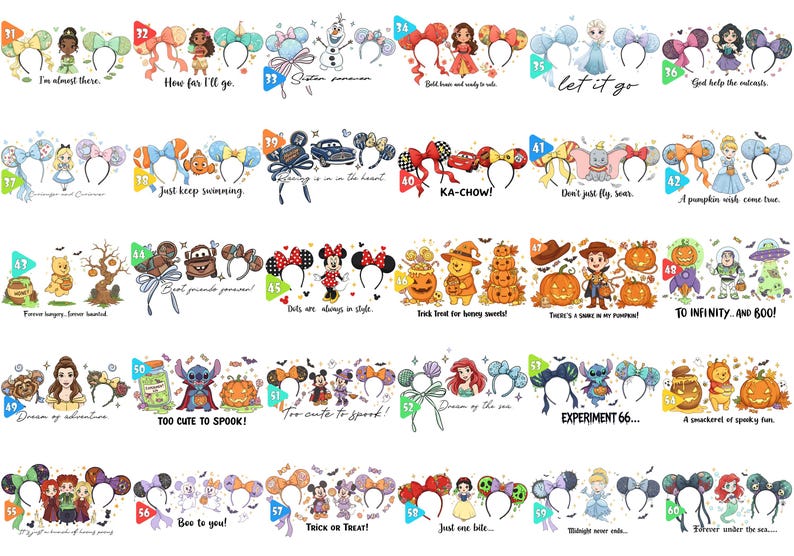 May include: A collection of themed headbands with mouse ears, featuring various characters and phrases. Designs include Disney characters like Elsa, Minnie Mouse, and Stitch, along with phrases like "KA-CHOW!" and "Too cute to spook!"