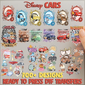 May include: A sheet of Disney Cars DTF transfers featuring various characters from the movie. The designs include Lightning McQueen, Mater, and Doc Hudson, with text that reads "700+ Designs" and "Ready to Press DTF Transfers".