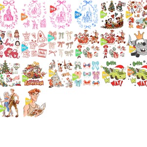 May include: A collection of various cartoon-themed stickers and decals. The designs include castles, bows, Disney characters, Christmas scenes, and cars. The color palette is diverse, featuring pink, blue, red, and green.