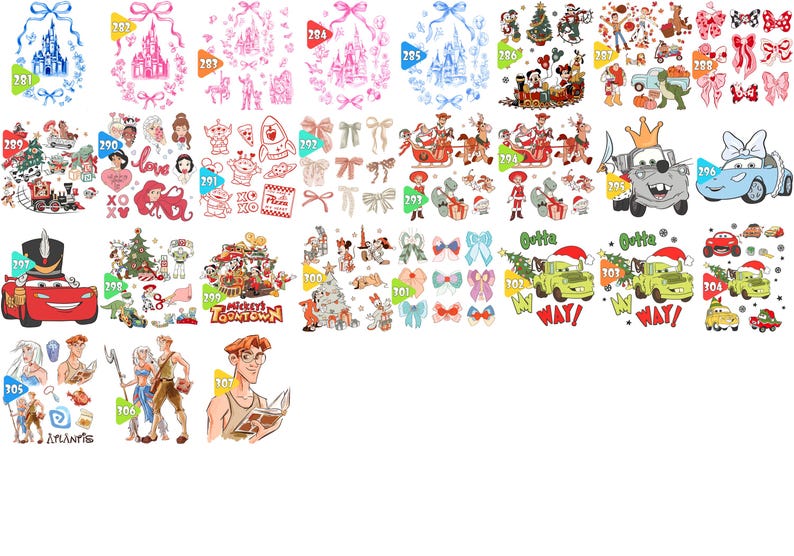 May include: A collection of various cartoon-themed stickers and decals. The designs include castles, bows, Disney characters, Christmas scenes, and cars. The color palette is diverse, featuring pink, blue, red, and green.