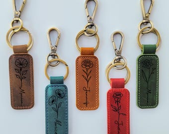 Sleutelhanger van echt leer met verjaardagsbloem: gepersonaliseerde sleutelhanger, kerstcadeau, cadeau voor haar.