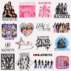 May include: A collection of Katseye stickers featuring various group portraits, stylized text, and graphic designs. The images include photographs of the members, heart-shaped frames, star motifs, and cartoon illustrations with the Katseye logo.
