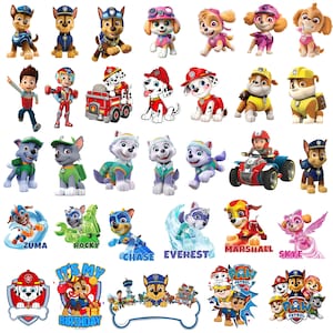 May include: A collection of Paw Patrol character stickers featuring Chase, Marshall, Skye, Rubble, Rocky, Zuma, and Everest in various poses, along with themed birthday graphics, logos, and text elements like It's My Birthday, all displayed on a white background.