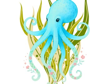 Watercolor Blue Octopus Clipart: Floral Tentacles (PNG Digital Download)