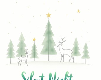 Silent Night Christmas PNG  Minimalist Pine Trees  Reindeer Clipart for Cards, Stickers, Sublimation