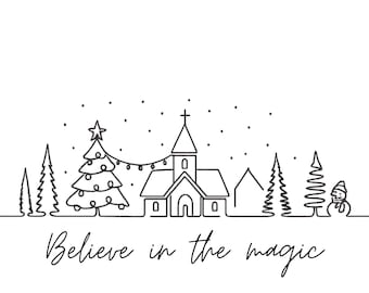 Minimal Christmas Village PNG: Church, Trees Line Art (Digital Download)