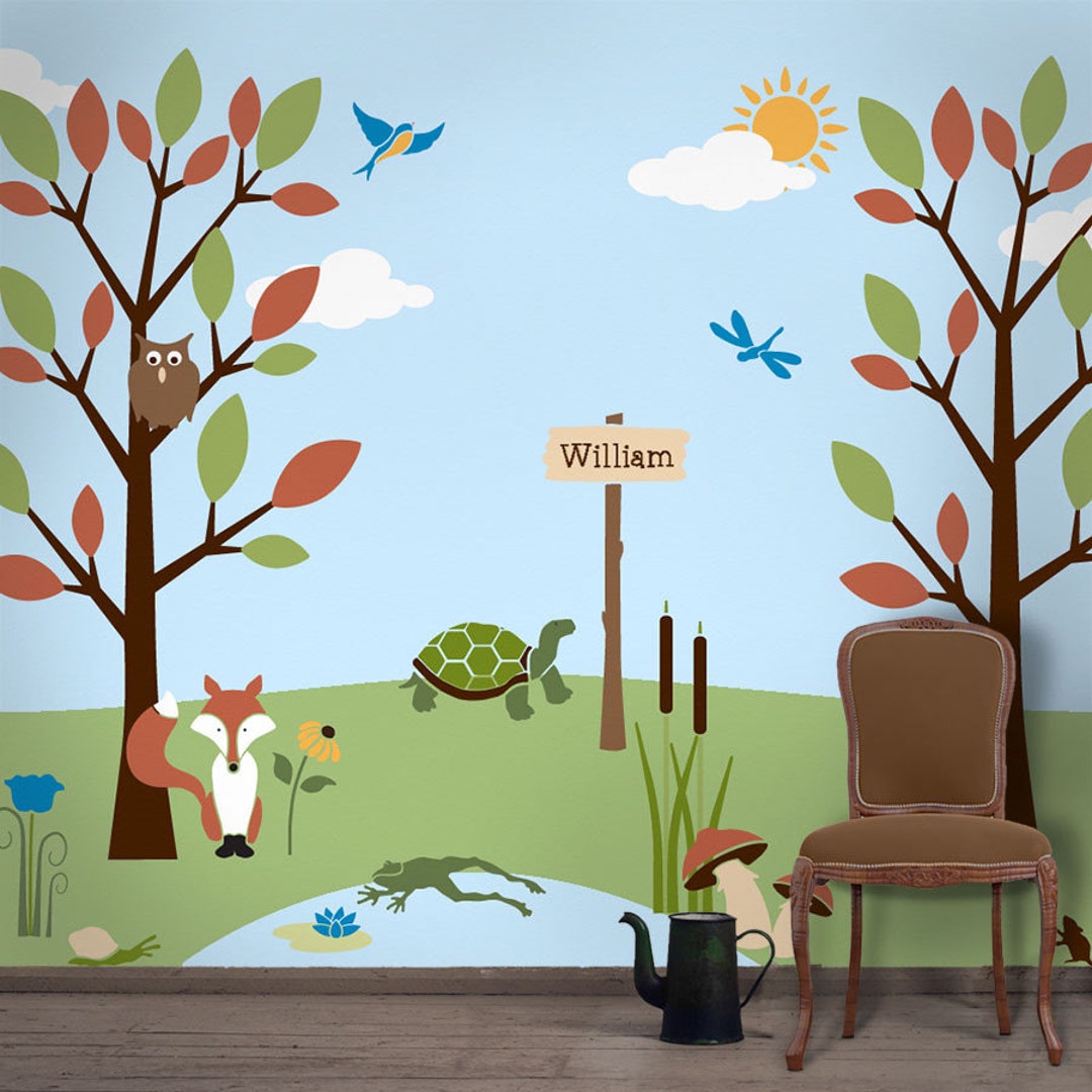 forest-wall-mural-stencil-kit-for-kids-room-baby-nursery-stl1009-etsy