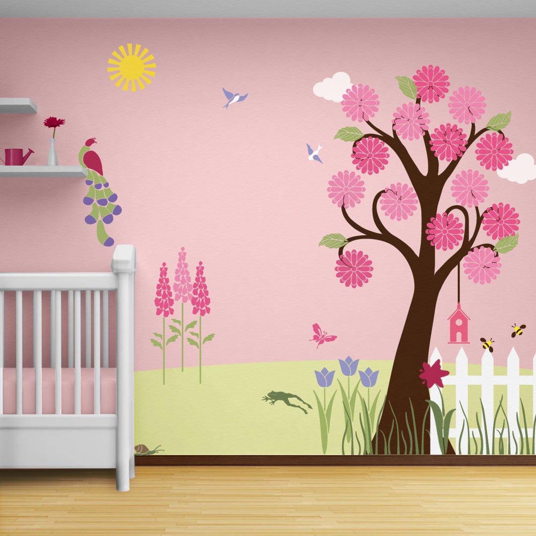 flower-garden-wall-mural-stencil-kit-for-girls-or-baby-room-stl1002-etsy