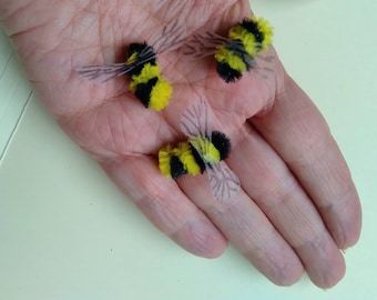 Chenille honey bumble bee fuzzy handmade for crafts ornament yellow black pipe cleaner w wings bee skep set of 3 #bees