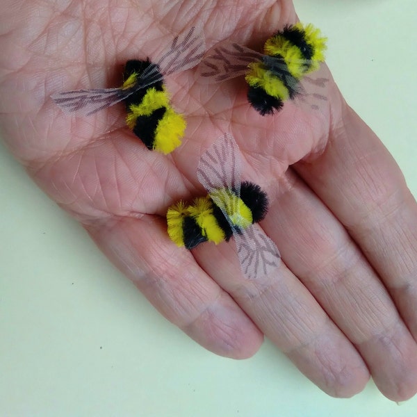 Chenille honey bumble bee fuzzy handmade for crafts ornament yellow black pipe cleaner w wings bee skep set of 3 #bees