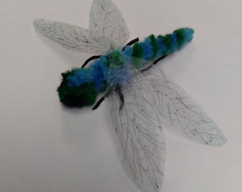 Chenille dragonfly fuzzy handmade for crafts ornament blue & green pipe cleaner w organza wings  #dragonfly