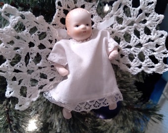 Angel ornament porcelain with crochet wings halo cherub Christmas Ornament porcelain and fabric body