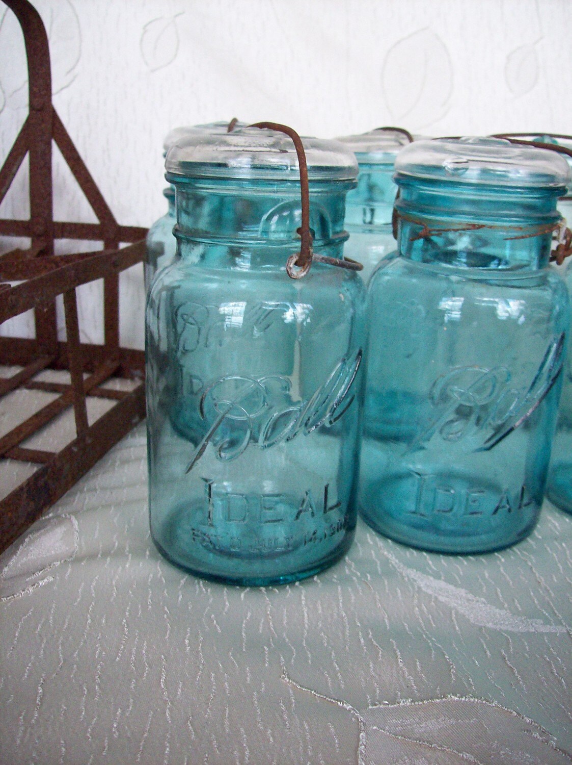 SALE Antique Blue Mason jar set with holder Etsy