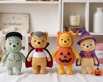 Pooh Bear Halloween Crochet Dolls, Spooky Amigurumi Plush Dolls, Monster Pumpkin Bear Dolls, Cute Handmade Plushie Bears, Witch Pooh Dolls