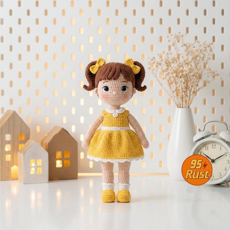 May include: A handmade crochet doll with brown hair styled in pigtails, adorned with yellow bows. The doll wears a yellow dress with white trim, yellow shoes, and white socks. The doll is standing on a white surface.
