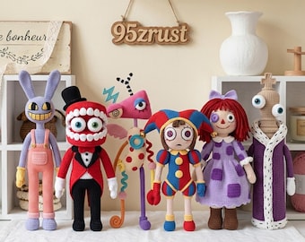 Digital Circus Characters Crochet Doll Set, Cartoon Amigurumi Figures, Pomni and Jax Plushies, Soft Yarn Keepsake Gift, Soft Knitted Doll