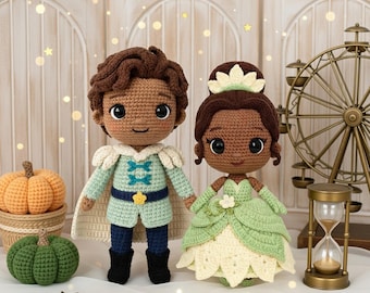 Tiana and Naveen Crochet Doll, Handmade Princess and The Frog Amigurumi, Crochet Tiana Naveen Charlotte Doll,Frog Princess Inspired Doll Set