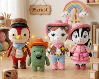 Sheriff Callie Characters Crochet Doll Set, Wild West Amigurumi Figures, Cowboy Cat and Cactus Dolls, Sheriff Callie Wild West Doll