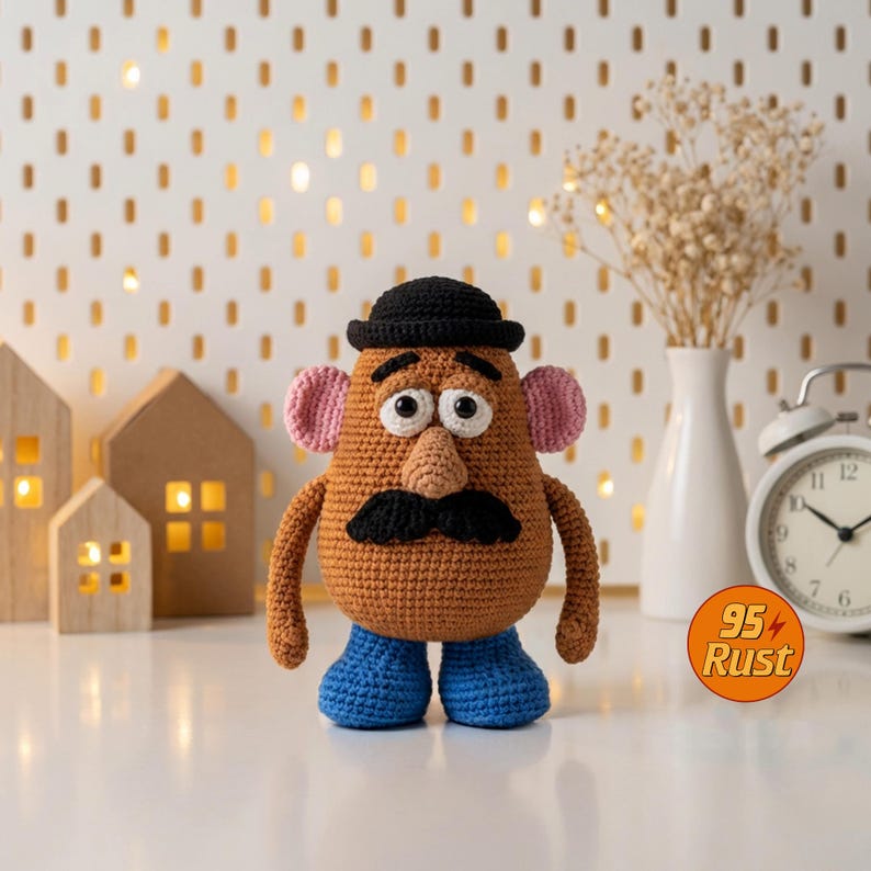 May include: A handmade crochet Mr. Potato Head toy. The toy has a brown body, pink ears, a black mustache, and blue feet. It wears a black hat and has white and black eyes. The toy is a whimsical, handcrafted item.